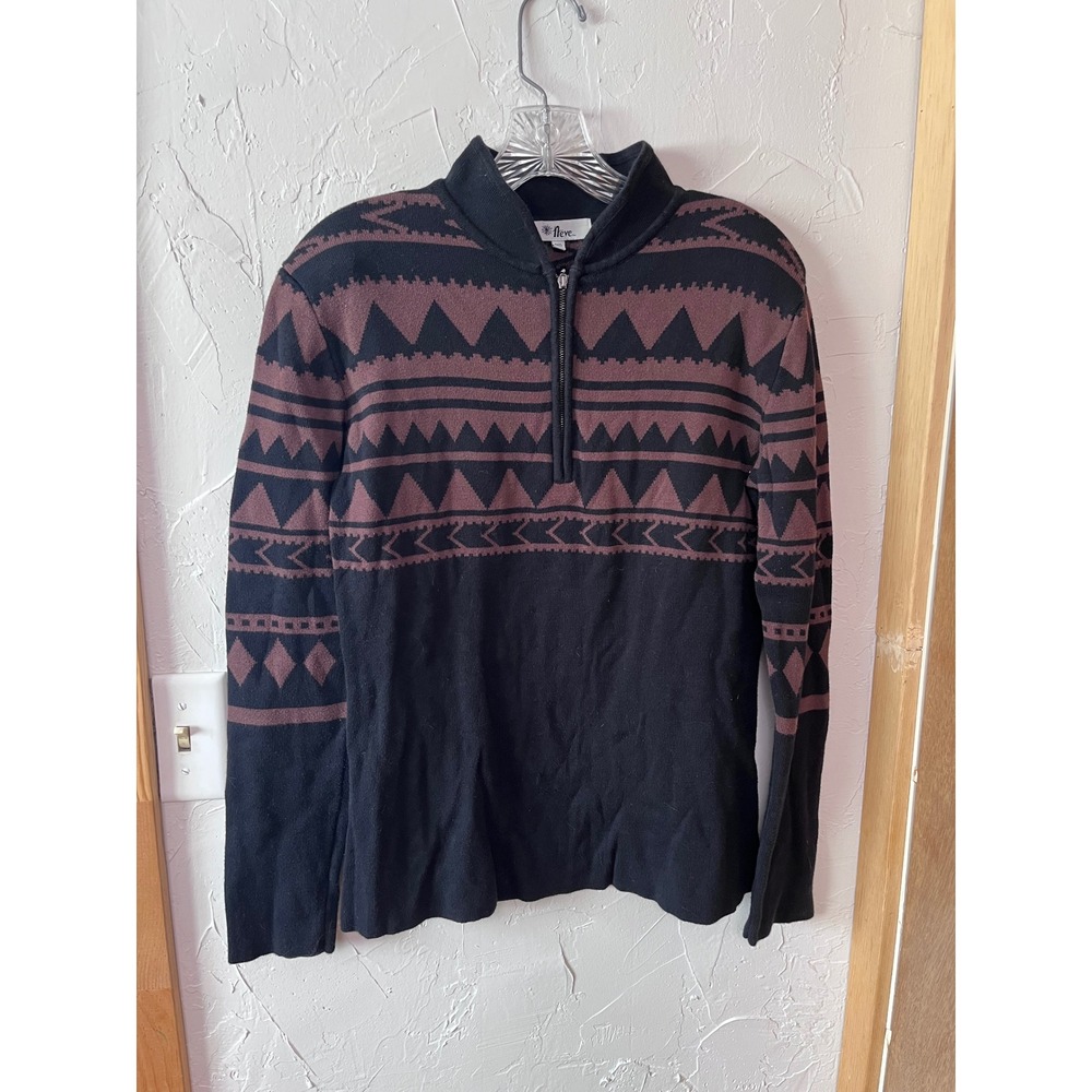 Neve‎ Women's Medium Black Geometric Print 1/4 Zip Mock Neck Sweater